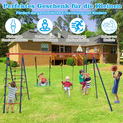DREAMADE 6 in 1 Schaukelgestell Outdoor mit 2 Schaukeln Wippe Basketballkorb Kletterleiter Kletternetz, Kinderschaukel mit Gestell Schaukelgerüst, Gartenschaukel für Kinder 3-12 Jahre (Rot + Blau)