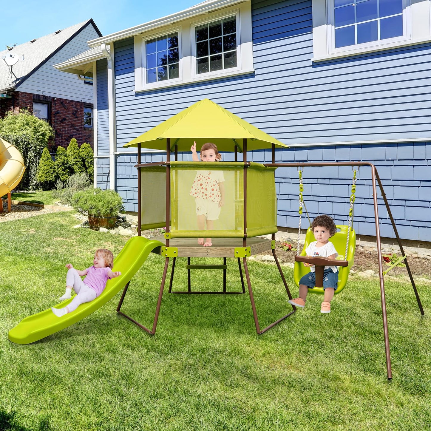 DREAMADE 4 IN 1 Spielturm mit Rutsche & Schaukel & Spielhaus & Leiter, Klettergerüst Outdoor Kinder Kletterturm aus Metall für den Garten
