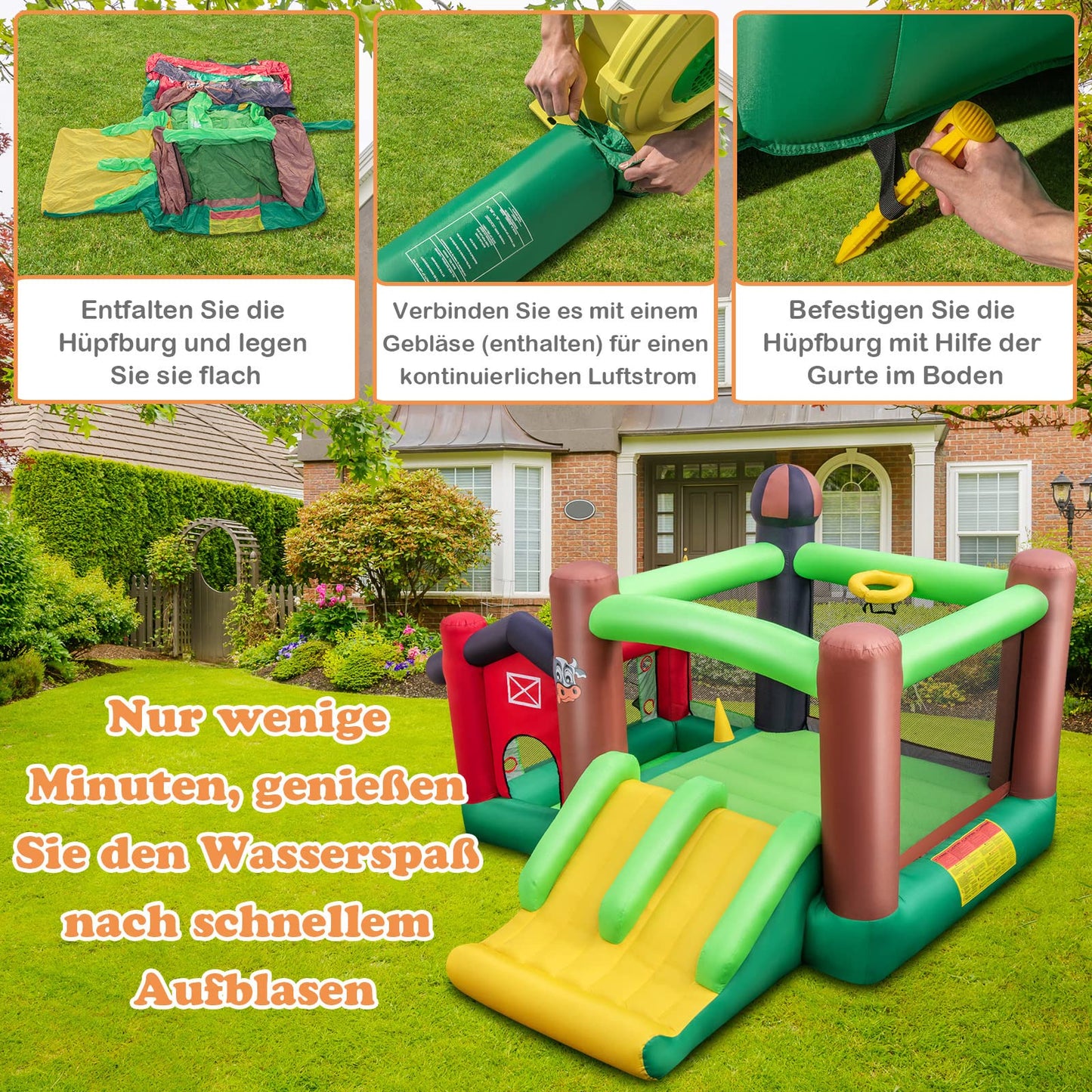 DREAMADE 6-in-1 Aufblasbare Hüpfburg mit Doppelrutschen, 356 x 330 x 220 cm Spielburg im Bauernhof-Stil mit Bällebad & Sprungbereich & Basketballkorb, Hüpfschloss für Kinder ab 3 Jahre (mit Gebläse)