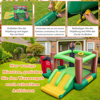 DREAMADE 6-in-1 Aufblasbare Hüpfburg mit Doppelrutschen, 356 x 330 x 220 cm Spielburg im Bauernhof-Stil mit Bällebad & Sprungbereich & Basketballkorb, Hüpfschloss für Kinder ab 3 Jahre (mit Gebläse)