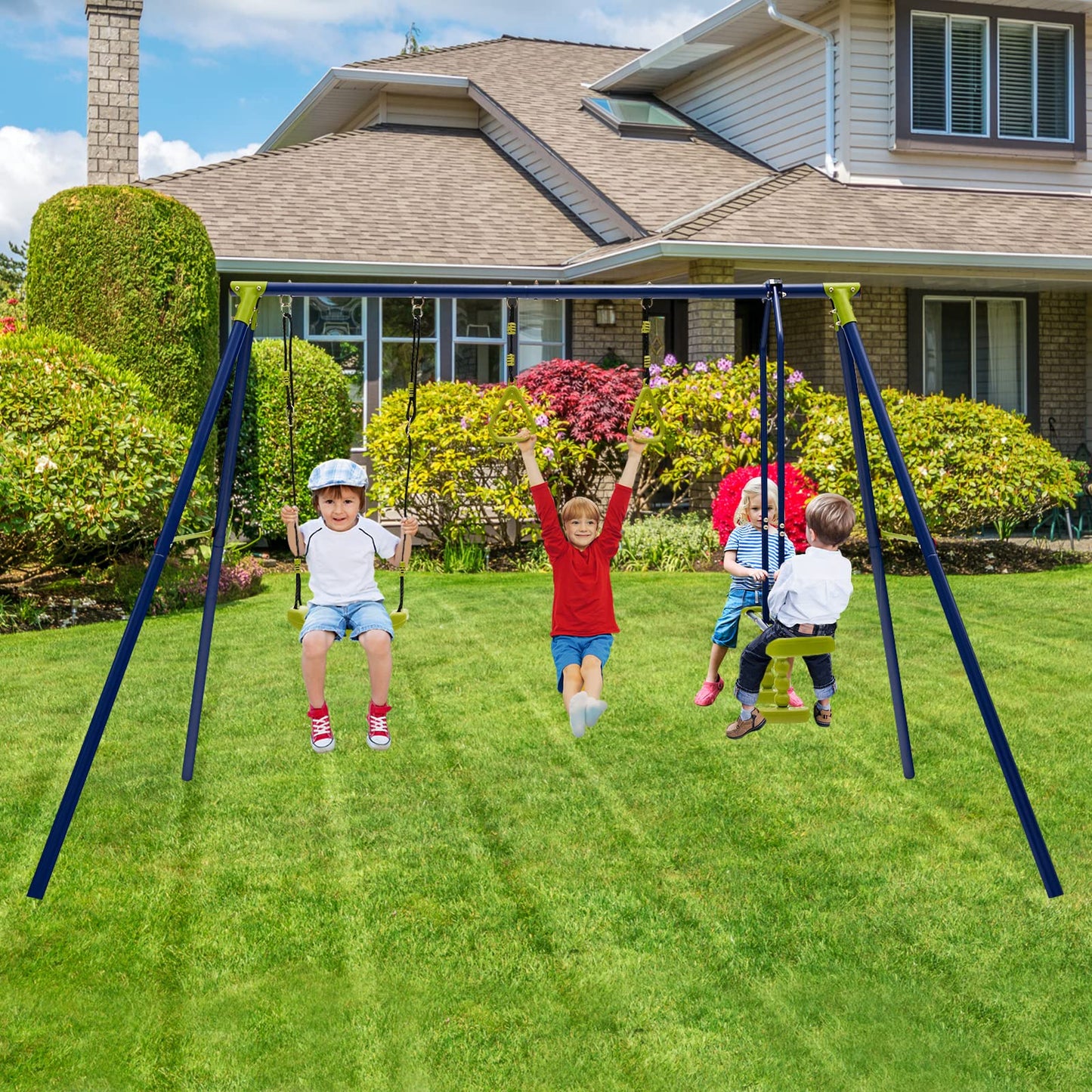DREAMADE 3-in-1 Schaukelgestell mit Schaukel & Wippe & Turnringe, Schaukelgerüst aus Metall, Gartenschaukel, Kinderschaukel Outdoor mit Gestell für Garten Hof